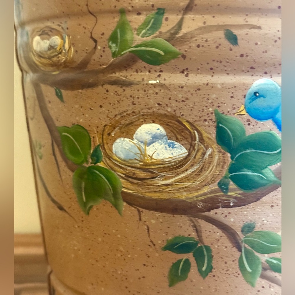 Charming Cottagecore Hand Painted Birds, Vines, Nests Galvanized Metal Bucket - Picture 6 of 10